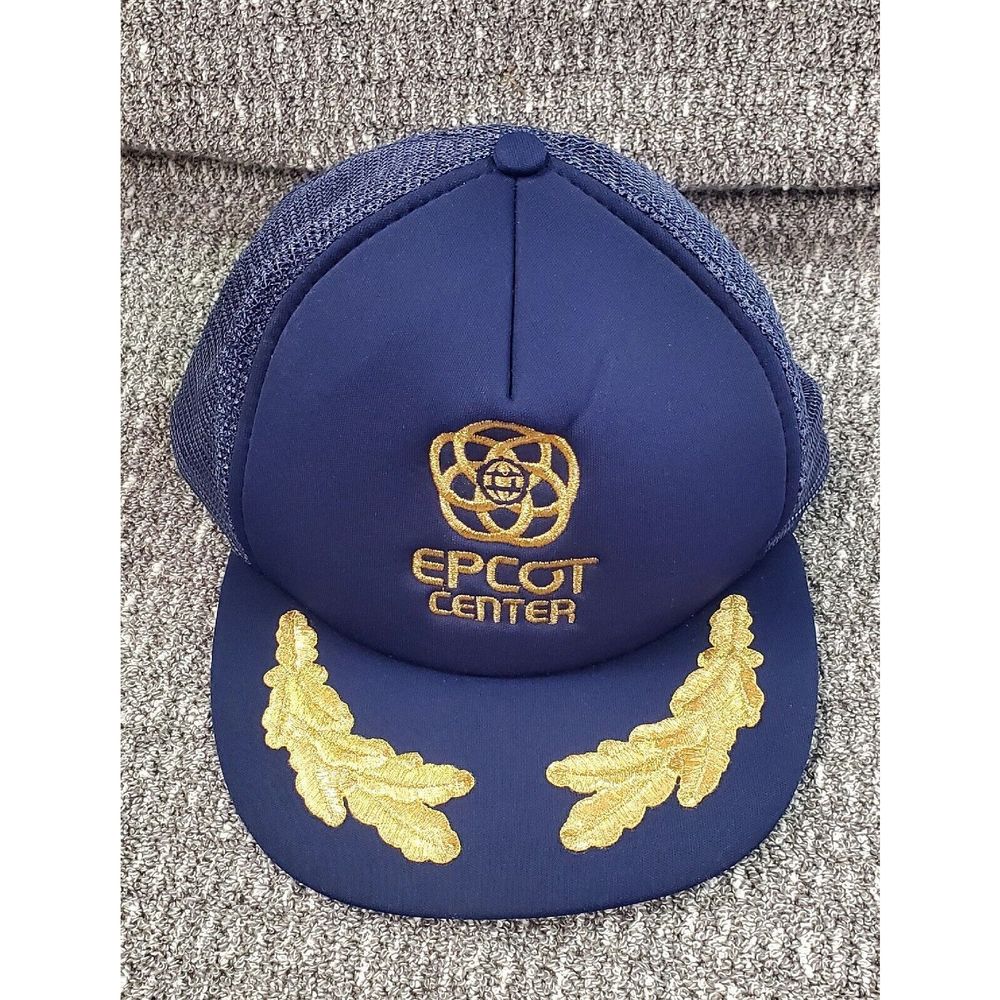 Vintage Disney Epcot Center Trucker Hat Navy Gold Leaf Mesh Snapback Cap